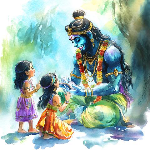 Watercolor illustration of Lord Vishnu with two young girls