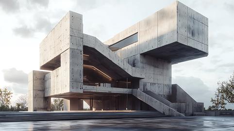 Modern Concrete Building with Geometric Design and Wide Staircase