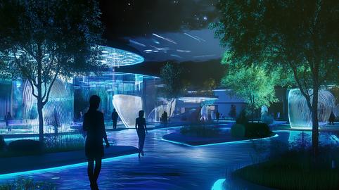 Futuristic Nighttime Landscape with Illuminated Pathways and Silhouettes of People