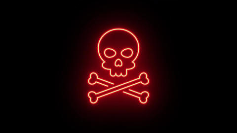 Neon skull crossbones icon animation, fast colorful flicker. Glowing neon jolly roger sign, looped