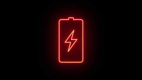 Neon electric battery icon animation, fast colorful flicker. Glowing neon battery sign, looped