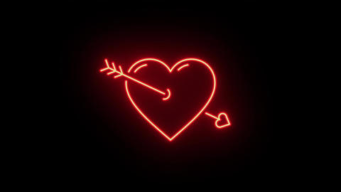 Neon heart animation, fast colorful flicker. Glowing neon heart icon with cupid arrow, looped