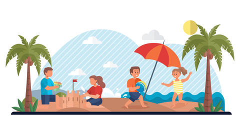 Family enjoying a day at the beach with palm trees and umbrellas, summer vacation scene
