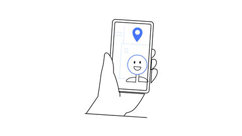 Hand holding smartphone with a smiling face icon and location pin, representing navigation and user