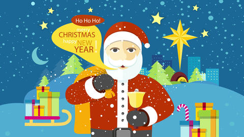 Santa Claus with gifts, snow, and festive decorations wishing Merry Christmas and Happy New Year