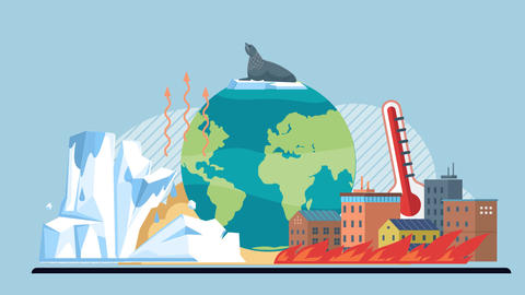 Global warming depiction with a melting iceberg, rising temperatures, and a seal on the Earth