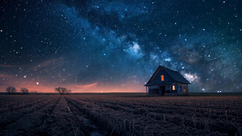 A small house is in the middle of a field with a beautiful night sky