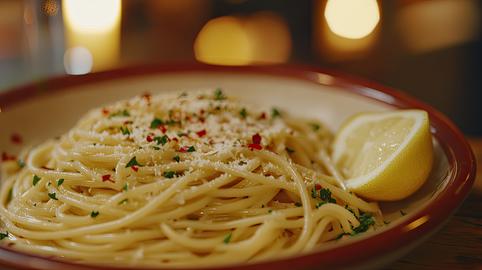A bowl of pasta with Parmesan cheese and lemon slices