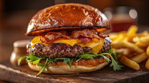 A large hamburger with bacon and cheese on a bun sits on a wooden table