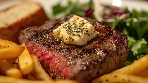 A steak with butter on top of it is served with french fries