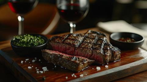A steak is cut in half and served on a wooden cutting board
