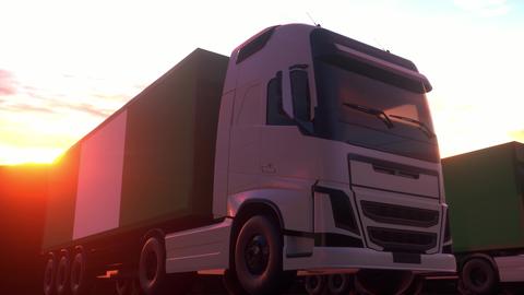 Cargo trucks with Nigeria flag. Trucks from Nigeria loading or unloading at