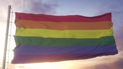 LGBT flag waving in the wind, sky and sun background. 3d illustration