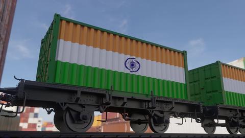 Train and containers with the flag of India. Railway transportation. 3d