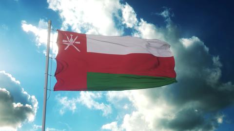 Oman national flag waving in beautiful sky. 3d illustration