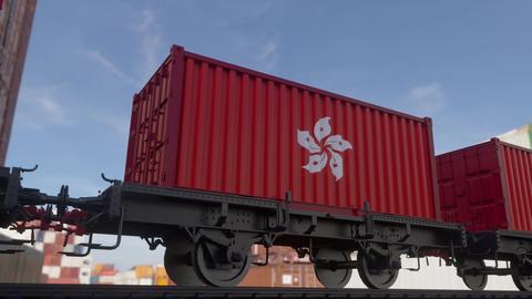 Containers with the flag of Hong Kong. Railway transportation. 3d illustration