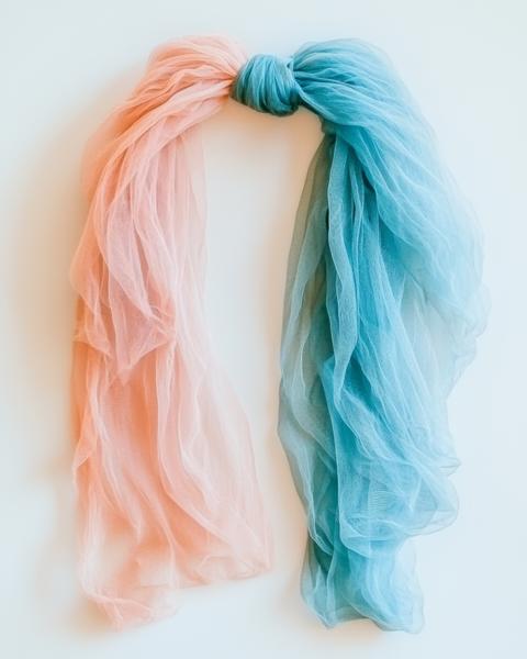 Peach and Blue Sheer Fabrics in Artistic Knot: Minimalist Textile Design and Pastel Color Trend