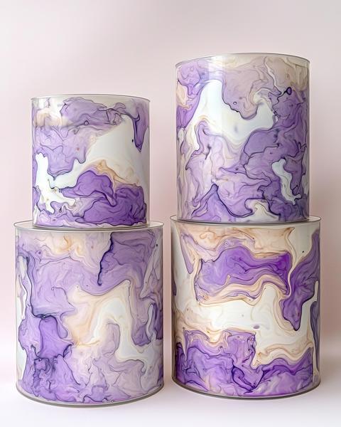 Elegant Purple and Cream Marble Patterned Cylinders Display Minimalist Modern Art