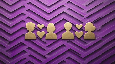 Golden Silhouettes and Hearts on Purple Chevron Background - Modern Love Concept