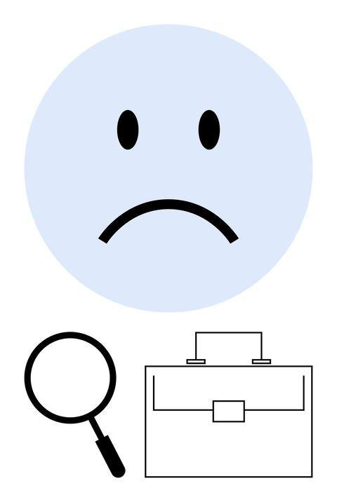 Sad Face with Magnifying Glass and Briefcase Representing Work-Related