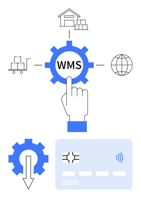 Warehouse Management System Concept with Gears, Finger Touch, Logistics, and
