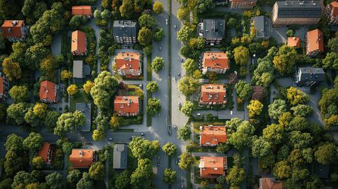 Residential neighborhood nestled amidst dense greenery, offering a peaceful and scenic living