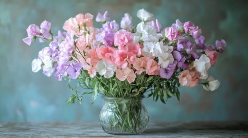 Pastel Floral Bouquet: A vibrant mix of pink, purple, and white flowers in a clear glass vase