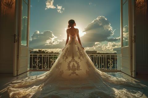 Bride in Majestic Gown Sunset Balcony View