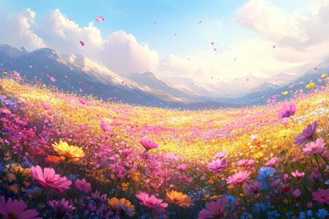 Vibrant Flower Field Majestic Mountains Sunny Day