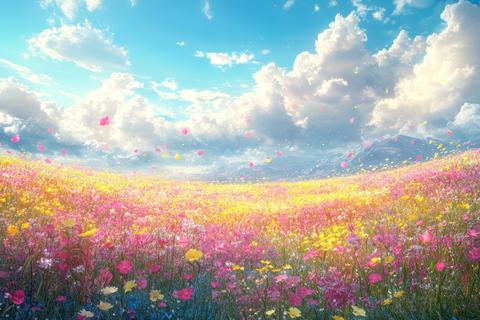 Vibrant Flower Field under a Sunny Sky Blossoms and Petals Dance in the Breeze, Beautiful Nature