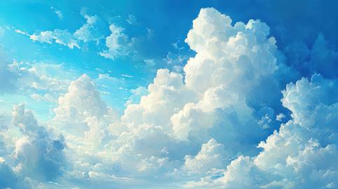 Vibrant blue sky filled with fluffy white clouds creates a serene and picturesque skyscape. Dreamy