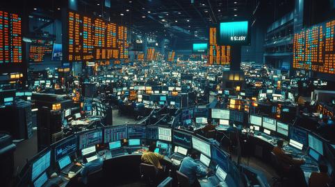 Busy financial trading floor with many workstations and digital displays
