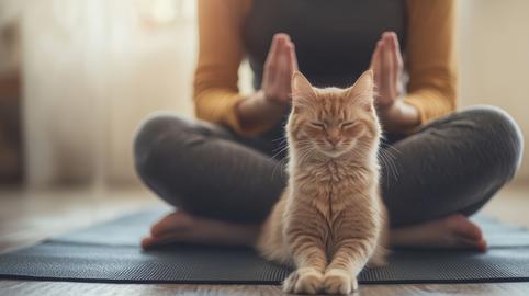 Zen Cat: A serene ginger cat meditates with its owner, promoting mindfulness and well-being. Focus