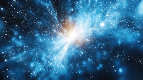 Cosmic Brilliance: Light and stars create an ethereal nebula effect against a serene blue backdrop
