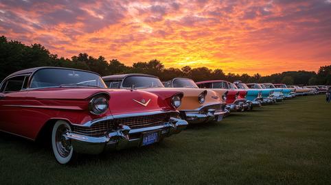 A row of vintage automobiles is captured against the backdrop of a vivid, colorful sunset at a car