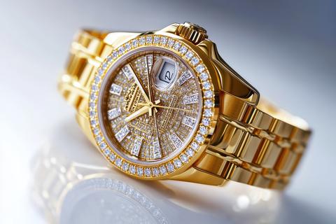 Elegant gold watch with diamond-encrusted bezel and dial, gleaming on a reflective surface. Luxury