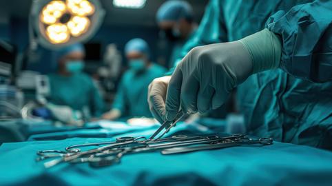 Surgical team performing operation in hospital operating room with sterile instruments and bright