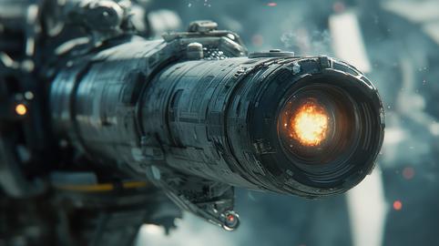 Futuristic Weapon Firing: Detailed view of advanced weapon system discharging energy in a smoky