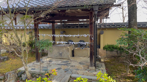 Peaceful garden pathway with a small pond and wooden structure, tranquil scene