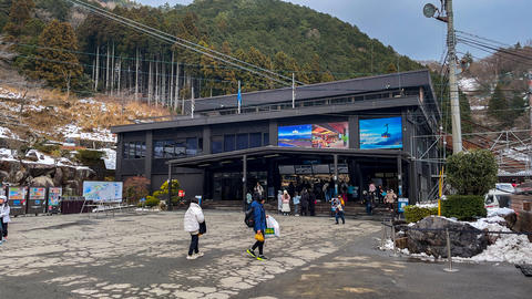 Bustling ski resort base with people enjoying winter activities and scenery
