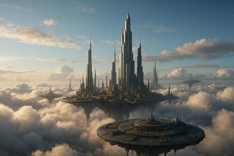Futuristic City Floating in the Sky Above Clouds