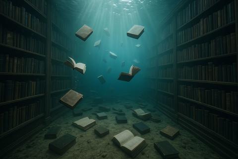Photorealistic Underwater Library with Floating Books and Light Rays