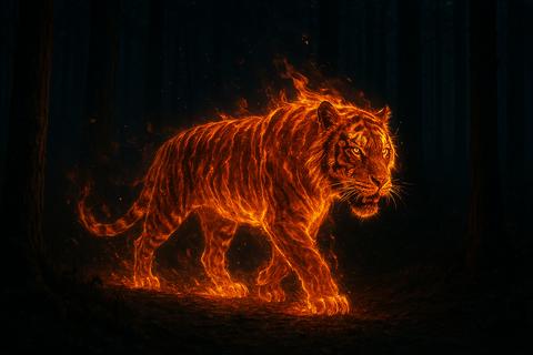 Fiery Tiger Strolling Through Nocturnal Forest with Glowing Textures