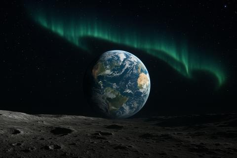 Photorealistic Night View of Earth From Moon with Aurora