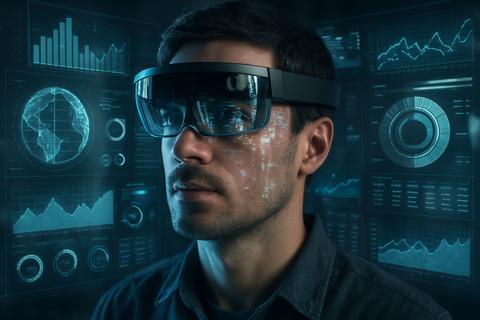 Man Using Mixed Reality Glasses with Data Holograms