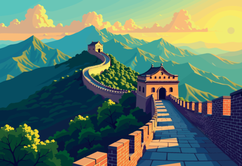 Vibrant Illustration of the Great Wall of China