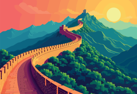 Vibrant Illustration of the Great Wall of China