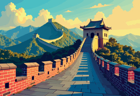 Vibrant Illustration of the Great Wall of China