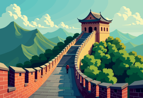 Vibrant Illustration of the Great Wall of China