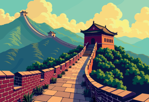 Vibrant Illustration of the Great Wall of China